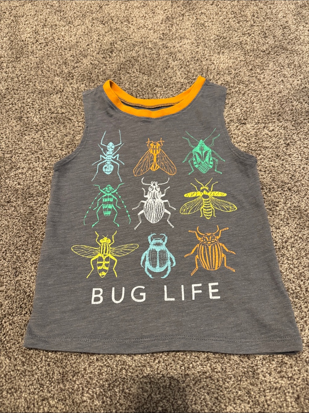 Old Navy Gray Tank Top with Orange Trim and Colorful Bug Print